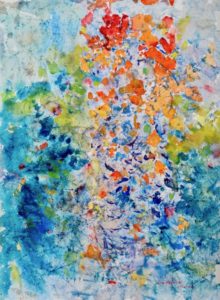 4163 Tidepoint #68, Original Abstract Masa Watercolor Painting with lots of blues and orange, purple, yellow and green sprinkled through the center.