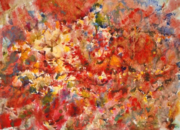 4384 Tidepoint #92, Original Abstract Masa Wagtercolor Painting. Predominately Oranges with red, green and lighter yellow.
