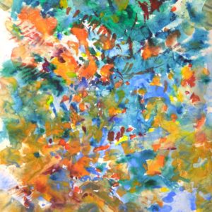 4394 Tidepoint #95, Original Abstract Masa Watercolor Painting , predominately blue with orange, yellow, red and gree highlights