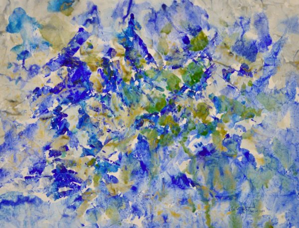 4475 Tidepoint #97, Original Abstract Masa Watercolor Painting of blue with lighter grey, tan, green and yellow.