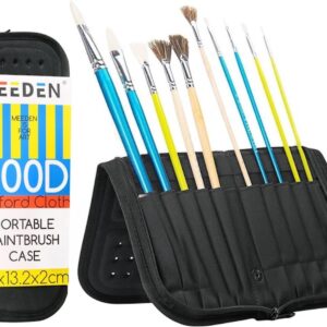 Black zippered paint brush case Meeden brand, open showing brushes in storage