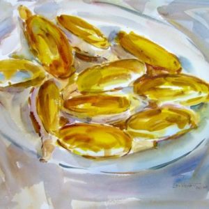 Two-Thirds Limit, Giclee watercolor print of a white plate full of 10 razor clams with a grey background.