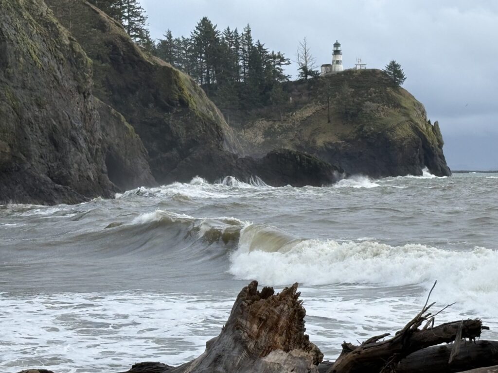 White lighthouse on a forested cliff above crashing ocean waves and dark rocky bluffs, with weathered driftwood in the sandy foreground and a misty, overcast sky.