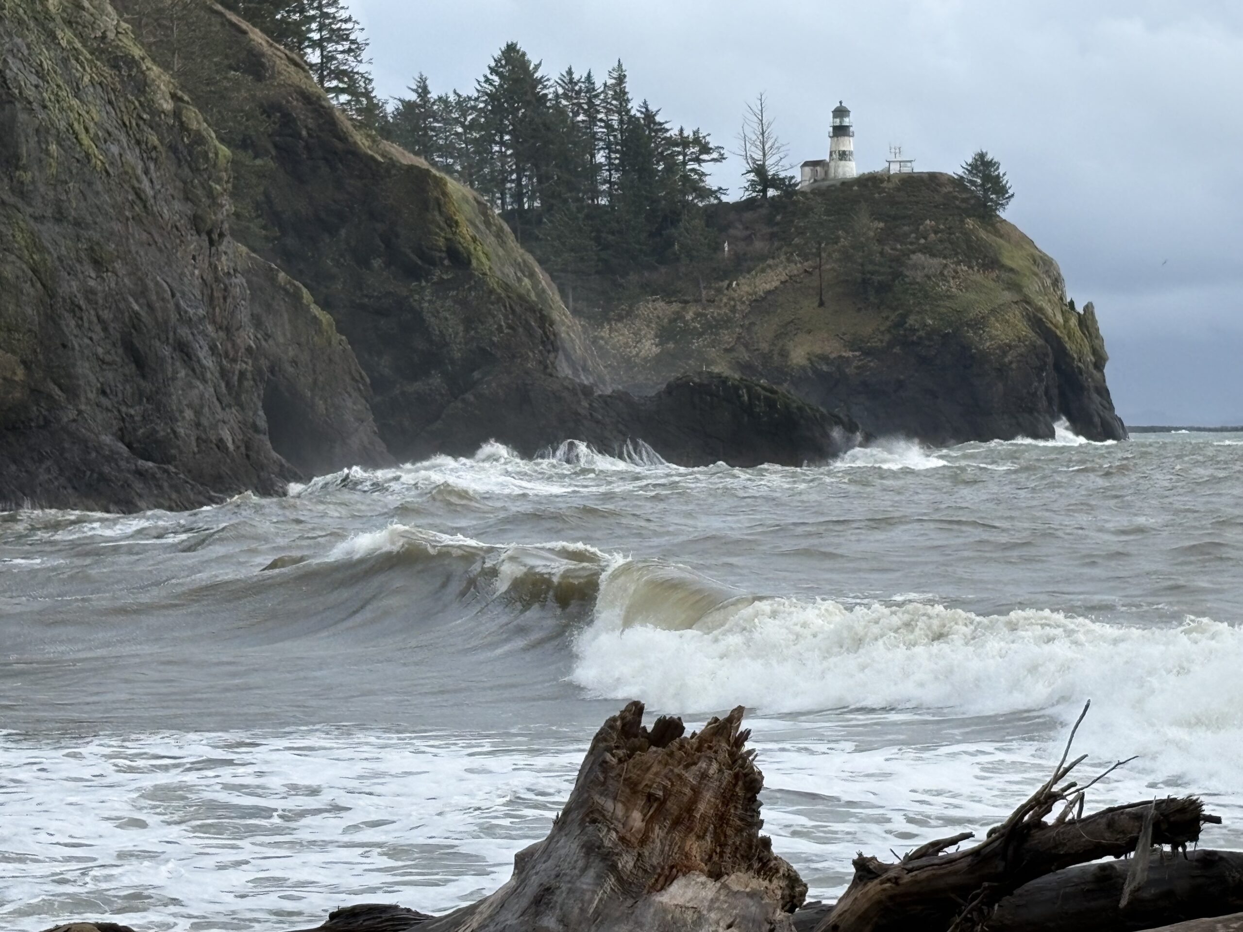 White lighthouse on a forested cliff above crashing ocean waves and dark rocky bluffs, with weathered driftwood in the sandy foreground and a misty, overcast sky.