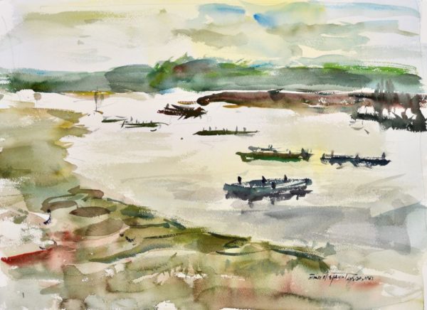 4507 Oyster Scows at Nahcotta, Original Watercolor Painting by Eric Wiegardt AWS-DF, NWS