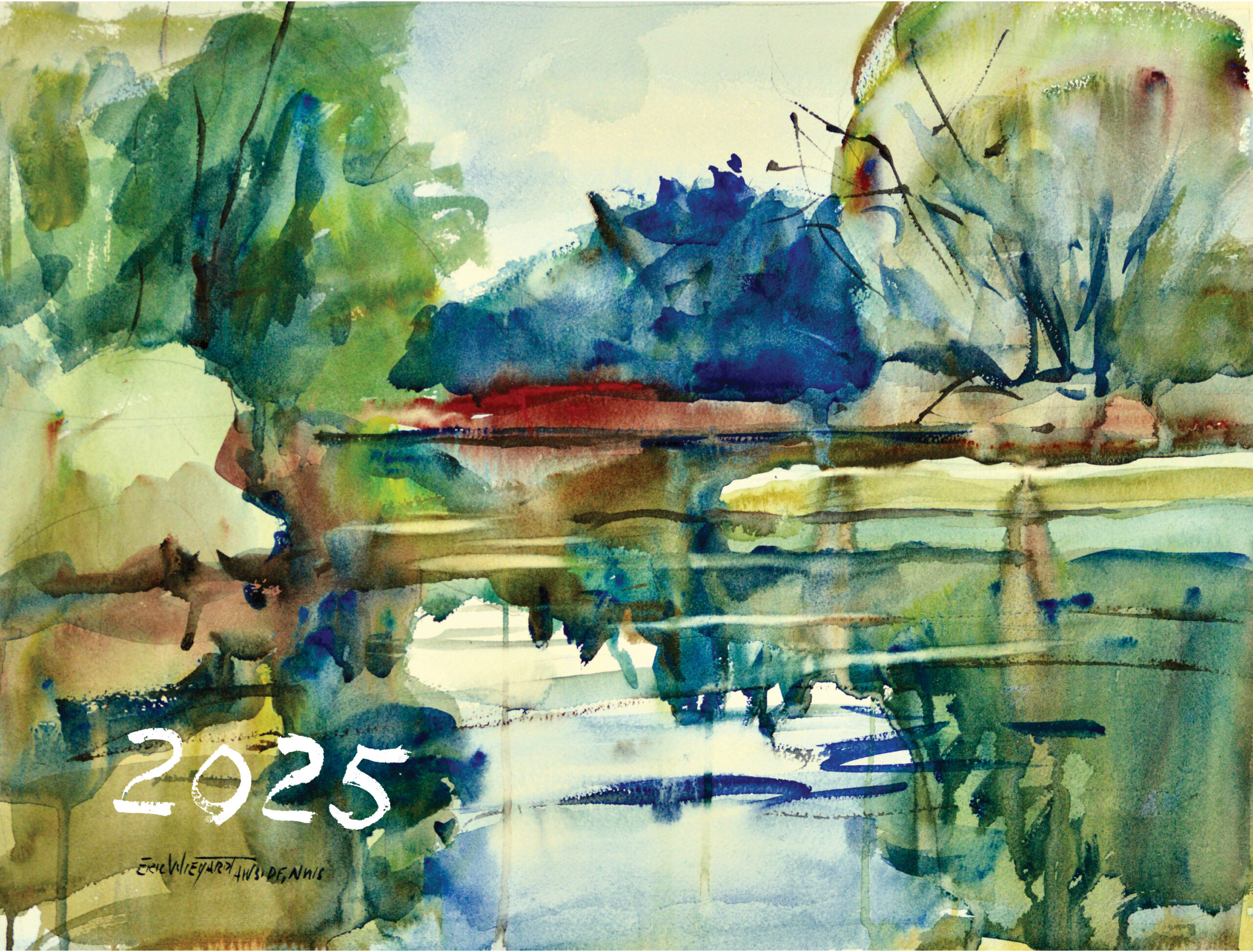 Cover of Eric Wiegardt 2025 Calendar. A loose watercolor painting of a body of water reflecting the trees and plants around it. With muted green and blue tones contrasted with red to emphasize the focus of the shore.