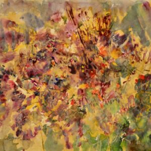 4480 Tidepoint #98, Original Abstract Masa Watercolor Painting in yellows and gold with red highlights throughout.