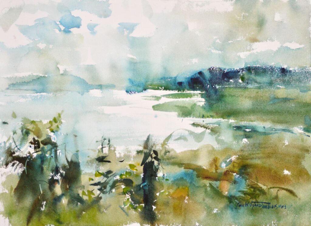 Loose style watercolor painting of a bay with grass surrounding