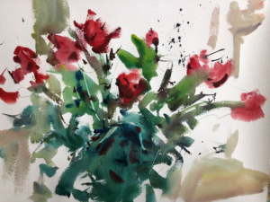 Original Watercolor painting on red flowers with stems on a white background.