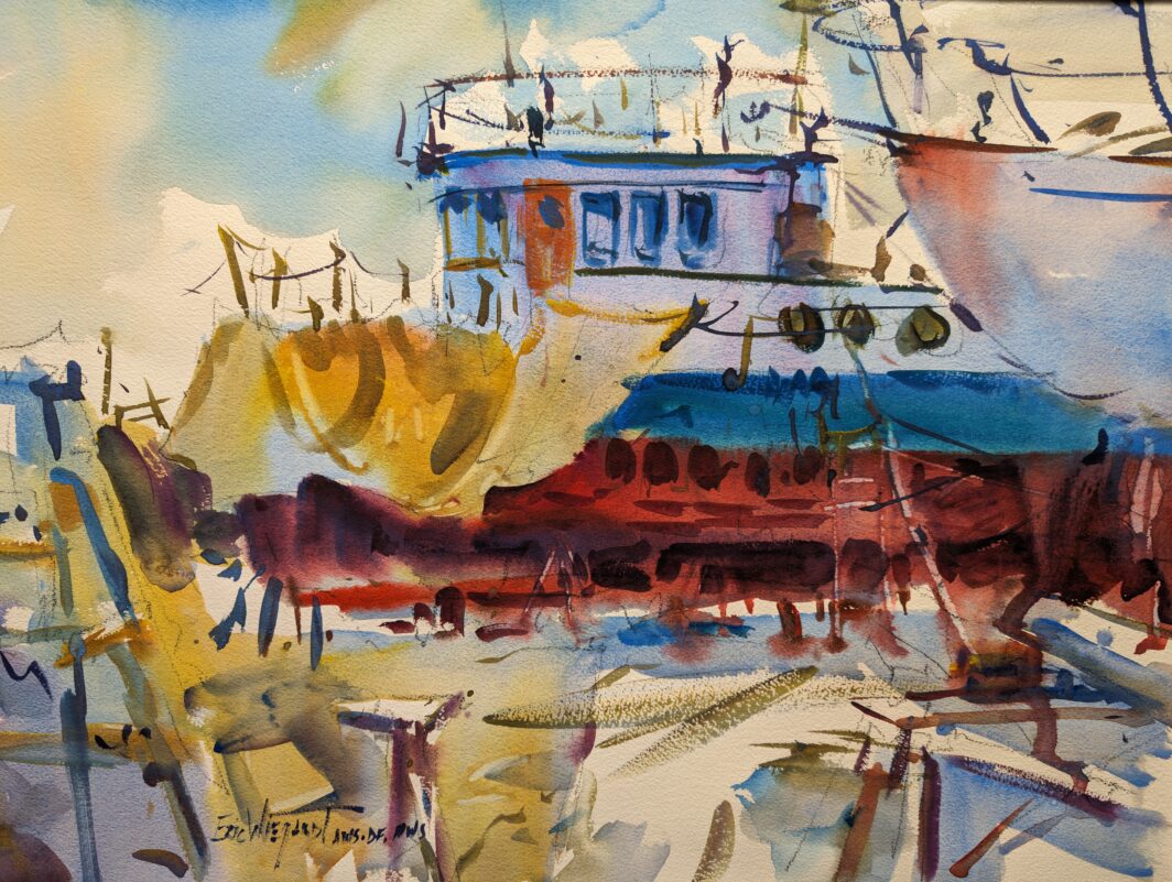 Original watercolor painting of a boatyard with vibrant splashes of yellow, red, blue, and brown. The composition includes boat shapes and dock elements.