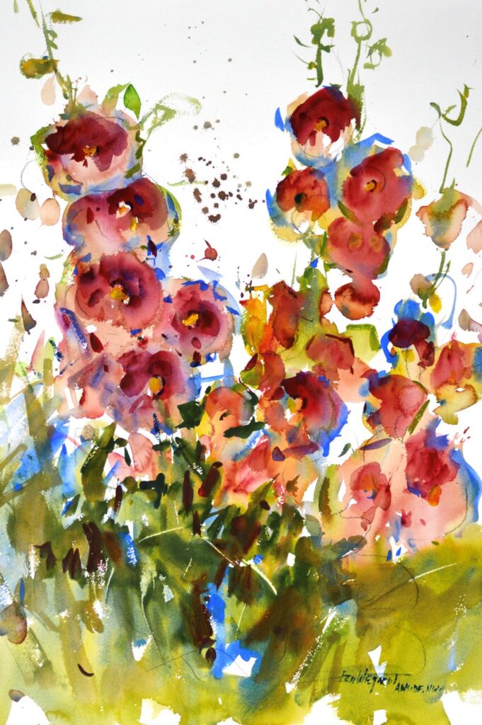4625 Holly Hocks, Eric Wiegardt original Watercolor Painting of pink and rust colored Holly Hocks with their greenery below and a white background behind.