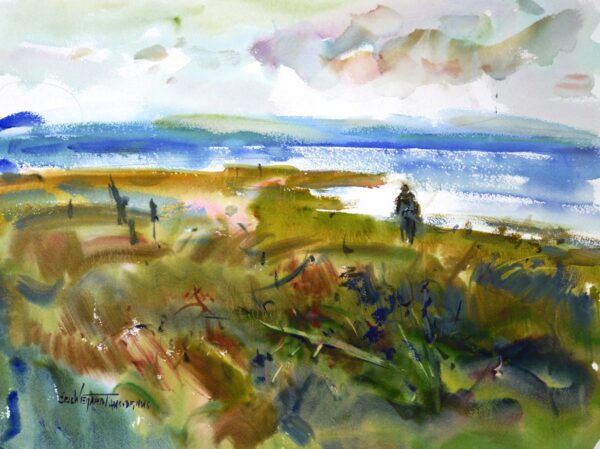 4630 Willapa Search, Eric Wiegardt Original Watercolor Painting of a lone person walking along a body of water. The shore is lined with tall grasses of greens, browns, and tans with clouded sky.
