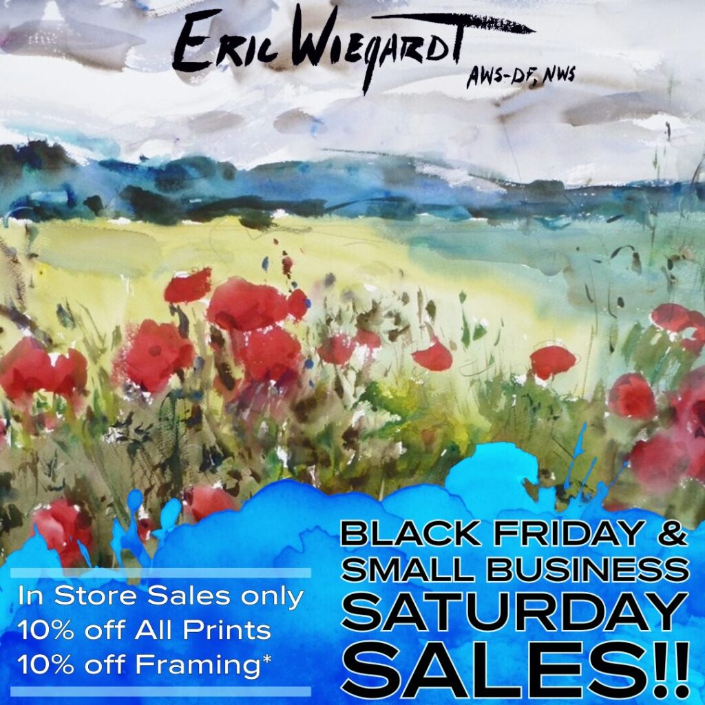 Marketing images of Eric Wiegardt watercolor prints! Featuring a background of red poppy flowers painted loosely in watercolor.
