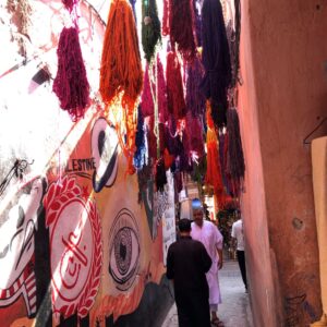Photo reference of a Moroccan market place with people on a busy street and images painted on the walls and wares suspended from above.