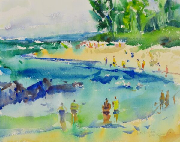 Watercolor painting depicting a beach scene. A group of figures, rendered in loose brushstrokes, are walking on a light sandy beach towards the ocean. The ocean is depicted with shades of blue and green, showing movement and waves. Green trees and foliage are visible in the upper right corner. The sky is a light gray, suggesting an overcast day. The artist's signature is visible in the bottom right corner.