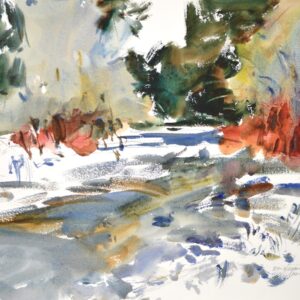 4667 Winter White, original watercolor painting of the winter snow on a pond. The pond is greyish with white on the ground and on the trees. There is some green trees and redish bushes in the center of the painting.