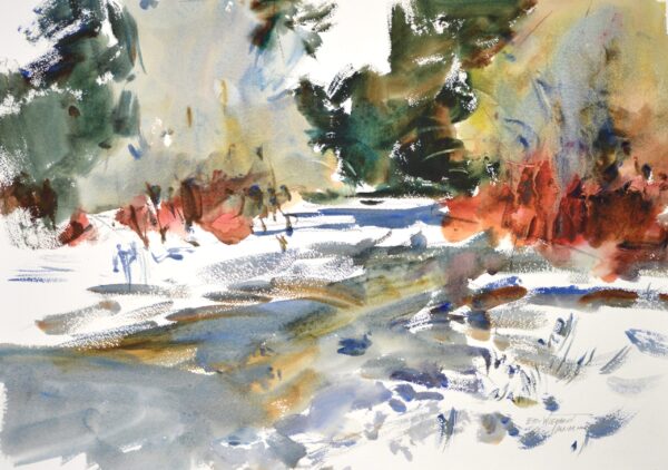 4667 Winter White, original watercolor painting of the winter snow on a pond. The pond is greyish with white on the ground and on the trees. There is some green trees and redish bushes in the center of the painting.