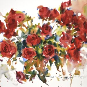 4669 Valentine Roses, original watercolor painting of red roses on a white background.