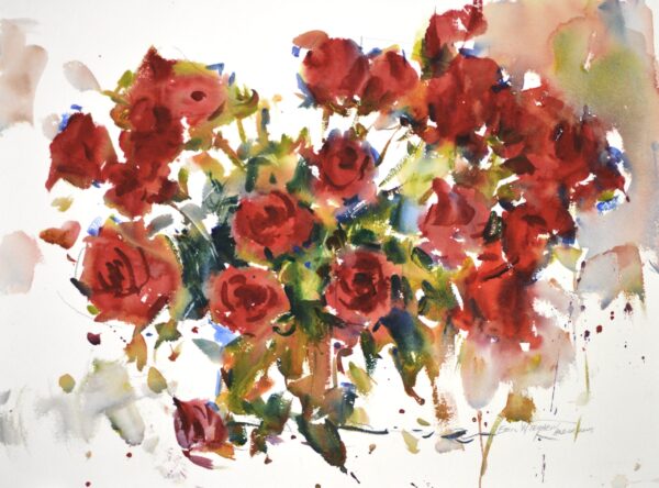 4669 Valentine Roses, original watercolor painting of red roses on a white background.