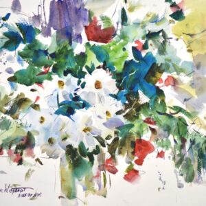 4674 Holiday Bouquet, original watercolor painting of a Christmas floral bouquet of white and red flowers in a vase with their greenery. The background is of white and grey.