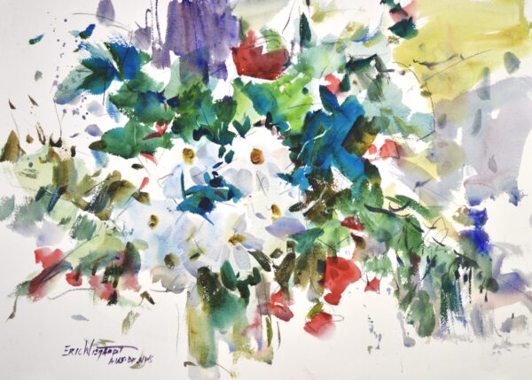 4674 Holiday Bouquet, original watercolor painting of a Christmas floral bouquet of white and red flowers in a vase with their greenery. The background is of white and grey.