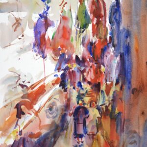 4675 Marrakesh Dye Shop, original watercolor painting of various colors of dyed fabrics hanging up to dry in the shop of a street vendor.