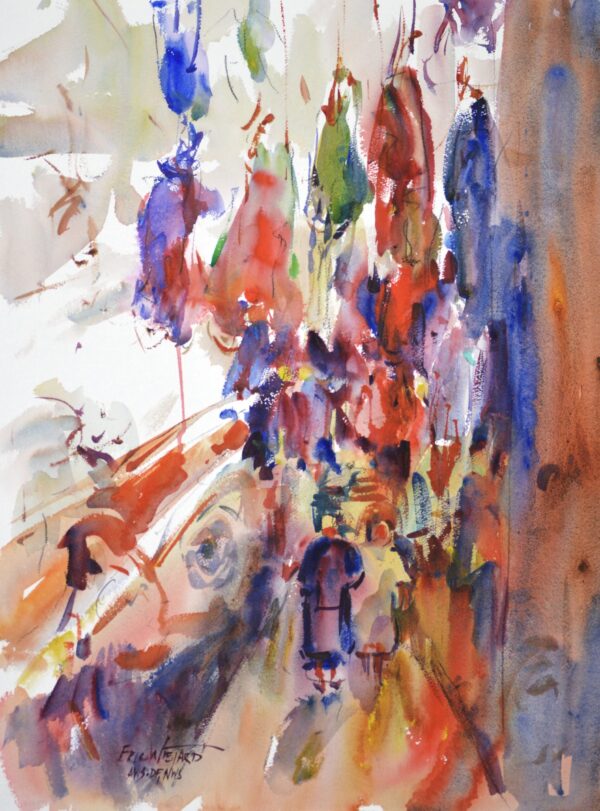 4675 Marrakesh Dye Shop, original watercolor painting of various colors of dyed fabrics hanging up to dry in the shop of a street vendor.