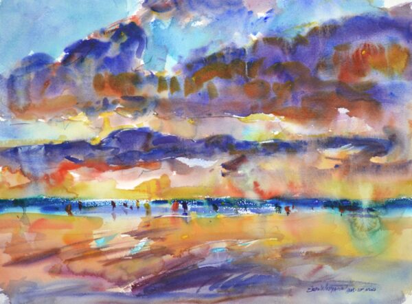 4679 Winter Clam Season, original watercolor painting of the sky above the ocean at sunset. The sky is alive with bright blues, oranges and yellow as clam diggers attempt to get their limits of clams.