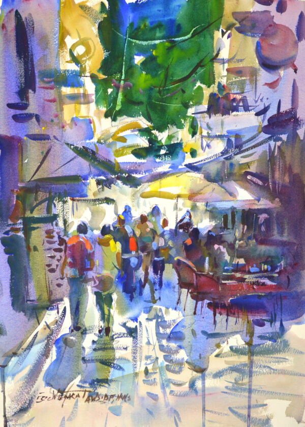 Vibrant watercolor painting depicting a lively cafe scene with multiple figures, tables, and umbrellas under a canopy of green trees. Bold, expressive strokes of blues, purples, yellows, and greens capture the energy of a sunlit outdoor setting.