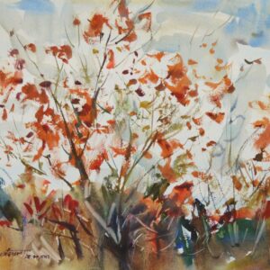 4373 Winter Glory, original watercolor painting of a bush in winter with red leaves still hanging on to many of the branches. The sky is cloudy above and tan and green grass below.
