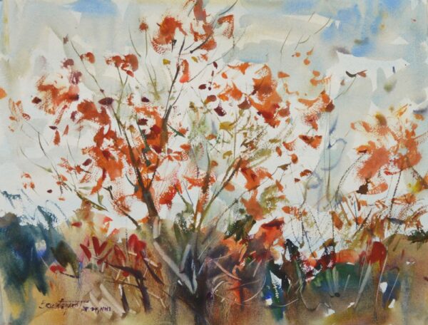 4373 Winter Glory, original watercolor painting of a bush in winter with red leaves still hanging on to many of the branches. The sky is cloudy above and tan and green grass below.