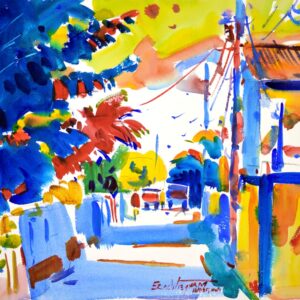 4671 Caye Caulker, original watercolor painting of a Belizian street The blue shadows on the left contrast with the golden tones on the right hand side. There are a couple cars parked at the far end of the street and electric wire suspend overhead above a shop.