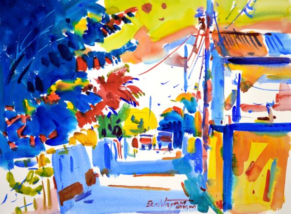 4671 Caye Caulker, original watercolor painting of a Belizian street The blue shadows on the left contrast with the golden tones on the right hand side. There are a couple cars parked at the far end of the street and electric wire suspend overhead above a shop.