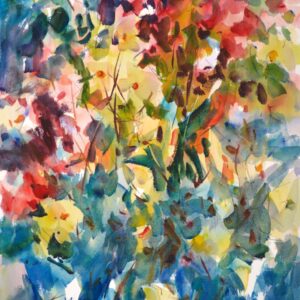 4672 Yellow Dahlias, original watercolor painting of yellow dahlias surrounded by other dahlias in red and pink with blue filling in around.