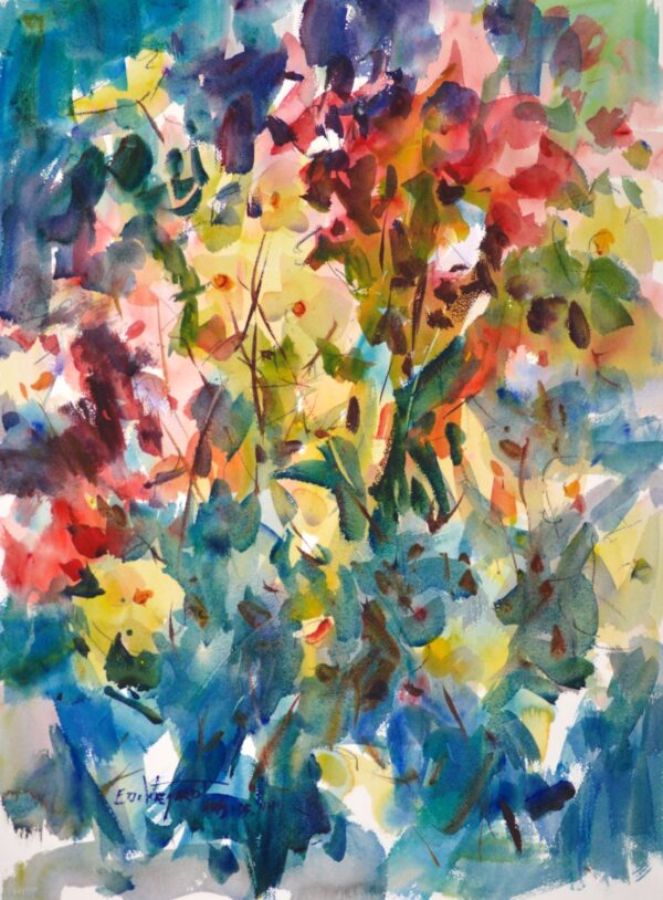 4672 Yellow Dahlias, original watercolor painting of yellow dahlias surrounded by other dahlias in red and pink with blue filling in around.