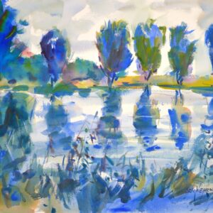 4673 Monet's Pond, original watercolor painting of a pond in the late afternoon surrounded by trees on the opposite side. The trees cast a long shadow on the pond. The colors are mostly blues with a little yellow and green.