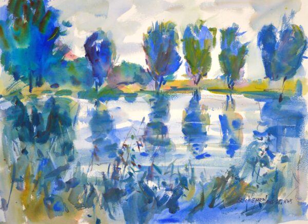 4673 Monet's Pond, original watercolor painting of a pond in the late afternoon surrounded by trees on the opposite side. The trees cast a long shadow on the pond. The colors are mostly blues with a little yellow and green.