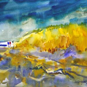 4676 Beach Combers, original watercolor painting of two people walking down the beach. The dark blue stormy sky above and a large dune covered in yellow grasses on the right and the ocean on the left.