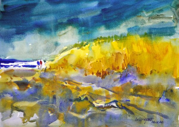 4676 Beach Combers, original watercolor painting of two people walking down the beach. The dark blue stormy sky above and a large dune covered in yellow grasses on the right and the ocean on the left.