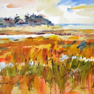 4677 Winter Tideland, original watercolor painting of a tidal marsh with bright red, orange and yellow grasses in the foreground with green tree lined shore above and cloudy sky.