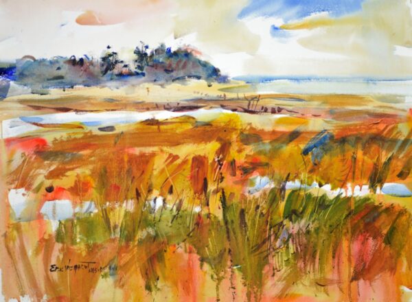 4677 Winter Tideland, original watercolor painting of a tidal marsh with bright red, orange and yellow grasses in the foreground with green tree lined shore above and cloudy sky.