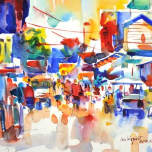 4678 Caye Caulker Market, original watercolor painting of a small outdoor market in Belize. of people and golf carts lining the streets with shops on either side. Everything is in brilliamt colors of reds, blues, oranges, yellow and green.