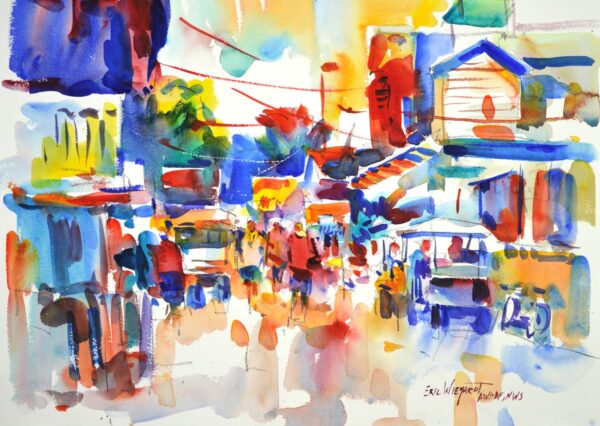 4678 Caye Caulker Market, original watercolor painting of a small outdoor market in Belize. of people and golf carts lining the streets with shops on either side. Everything is in brilliamt colors of reds, blues, oranges, yellow and green.