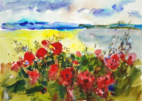 4680 Poppies II, original watercolor painting by Eric Wiegardt of red poppies growing in a field of yellow and grey with blue mountains behind and clouded sky above.