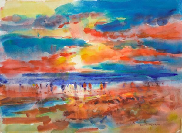4681 Clamdiggers Dream II, original watercolor painting by Eric Wiegardt of clamdiggers trying to get their limits of clams under a gorgeous sunset of orange, yellow and blue that reflects on the ocean and sand below.