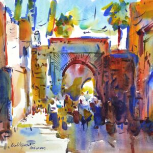 4682 Moroccan Mosque, original watercolor painting by Eric Wiegardt of a marketplace in front of a mosque in Marrakesh, Morocco. The blue sky and palm trees above the vivid colors of orange, blue, brown and tan of the building as people milling around.