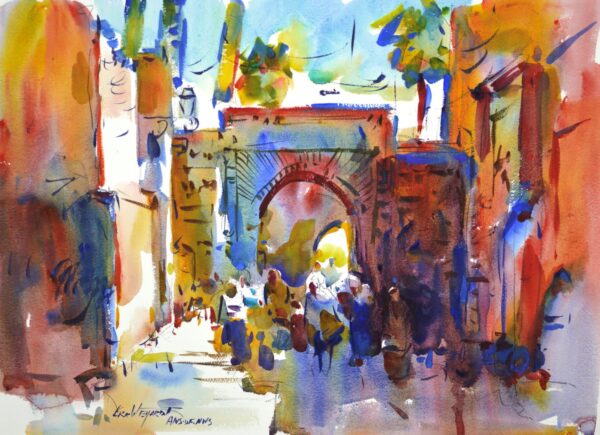 4682 Moroccan Mosque, original watercolor painting by Eric Wiegardt of a marketplace in front of a mosque in Marrakesh, Morocco. The blue sky and palm trees above the vivid colors of orange, blue, brown and tan of the building as people milling around.