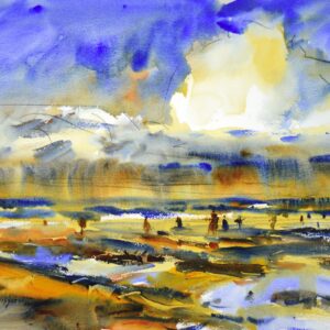 4683 Clam Tide, original watercolor painting by Eric Wiegardt of people digging clams with clouds above and rain coming down. The colors are blue, white and tans