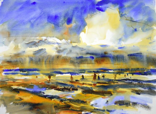 4683 Clam Tide, original watercolor painting by Eric Wiegardt of people digging clams with clouds above and rain coming down. The colors are blue, white and tans