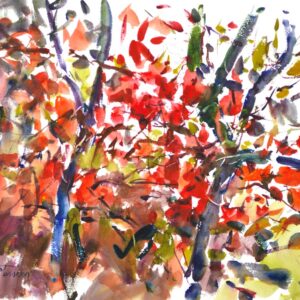 4684 Color of Spring, original watercolor painting by Eric Wiegardt of red leaves on a bush with scatterings of tan on a white background.